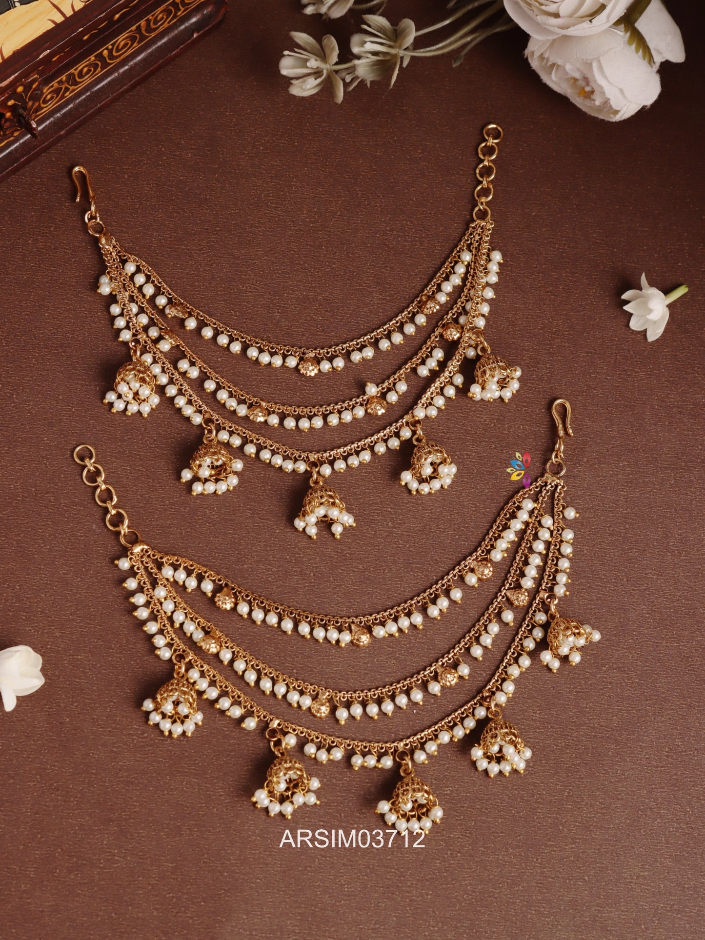 Three Layer Pearl Jhumka Drop Earchains