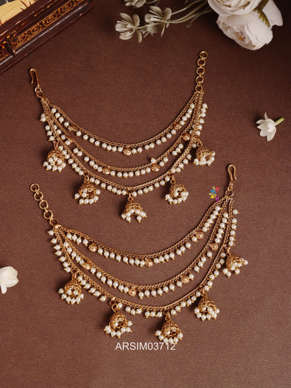 Three Layer Pearl Jhumka Drop Earchains