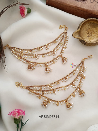 Three Layer Three Pearl Jhumka Drop Earchains