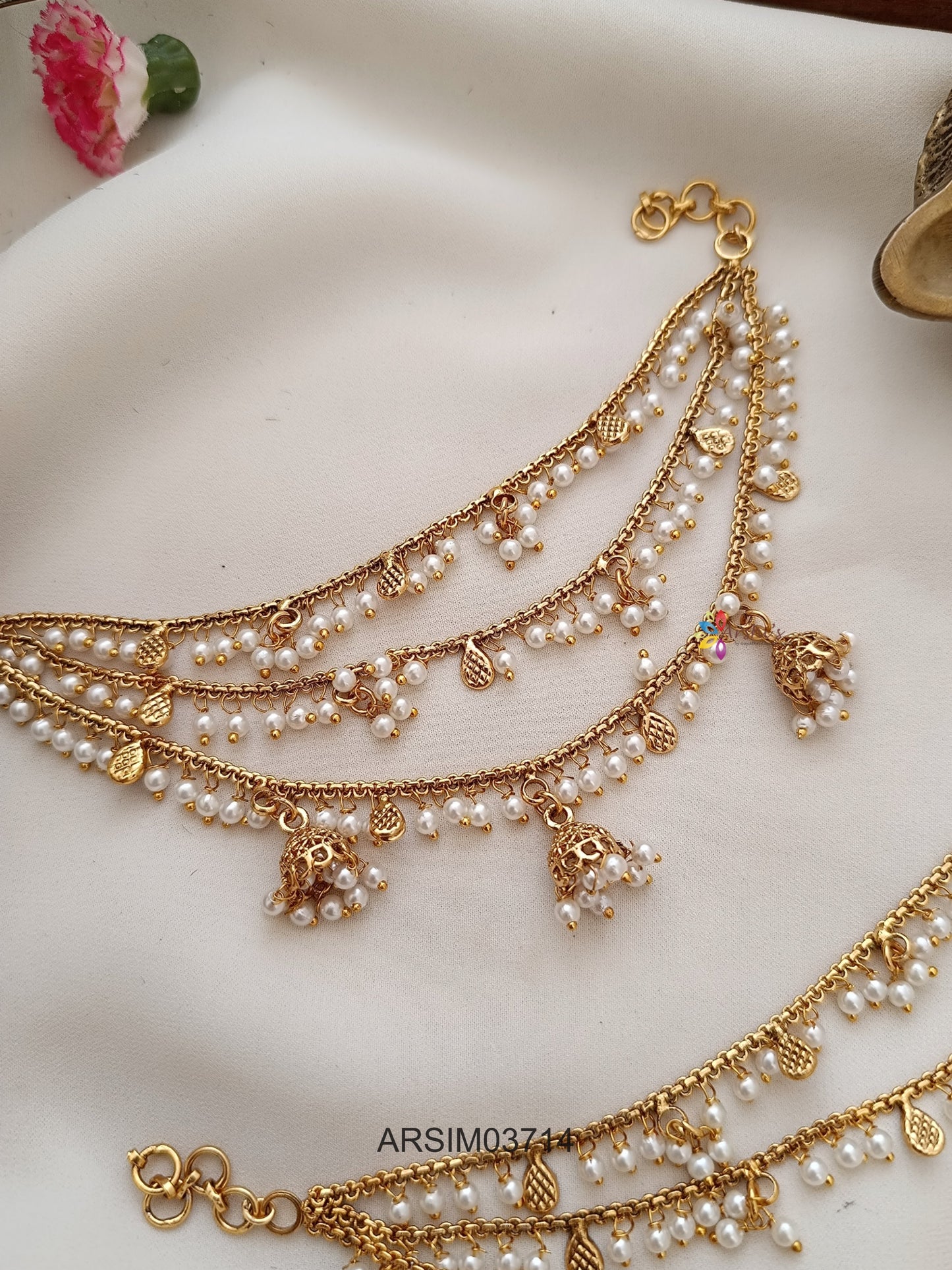 Three Layer Three Pearl Jhumka Drop Earchains