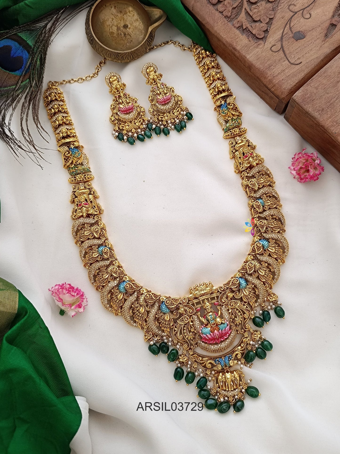 Temple Meenakari Green Bead Drops Haram