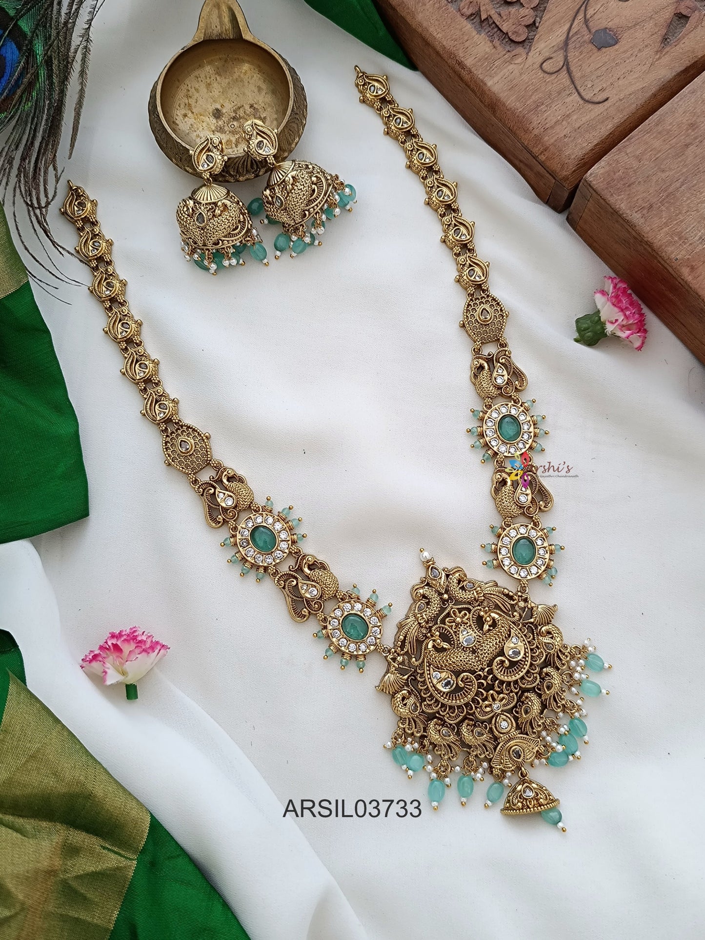 Antique Peacock Green Bead Drops Haram