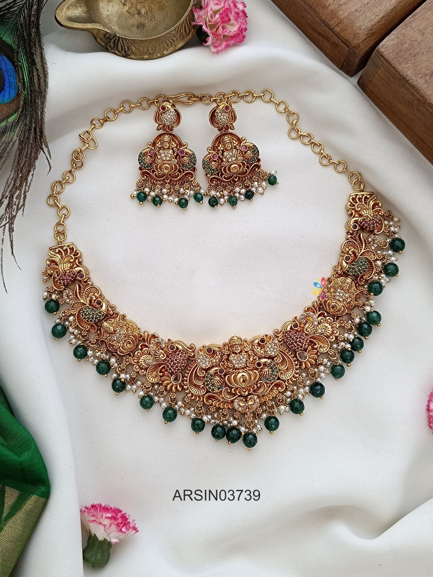 Peacock and Lakshmi Green Bead Drop Necklace