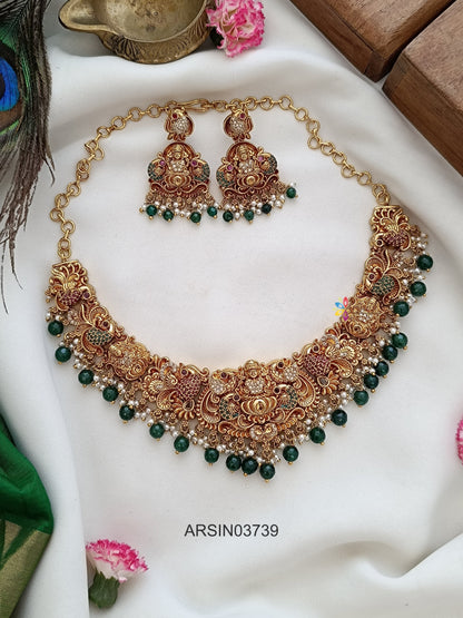 Peacock and Lakshmi Green Bead Drop Necklace