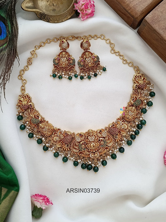 Peacock and Lakshmi Green Bead Drop Necklace