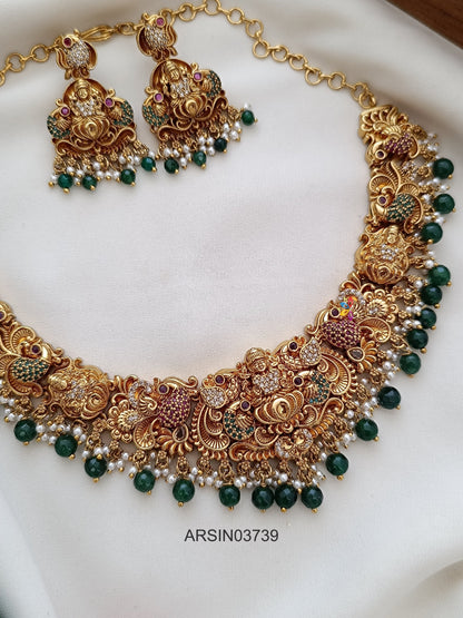 Peacock and Lakshmi Green Bead Drop Necklace