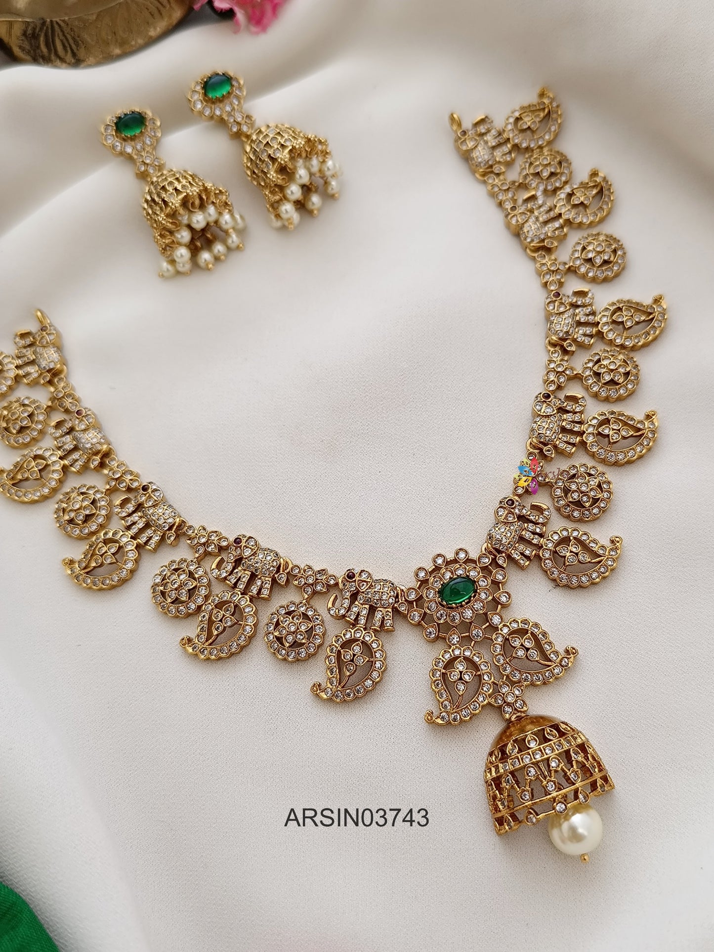 AD and Emerald Stone Mango and Elephant Necklace