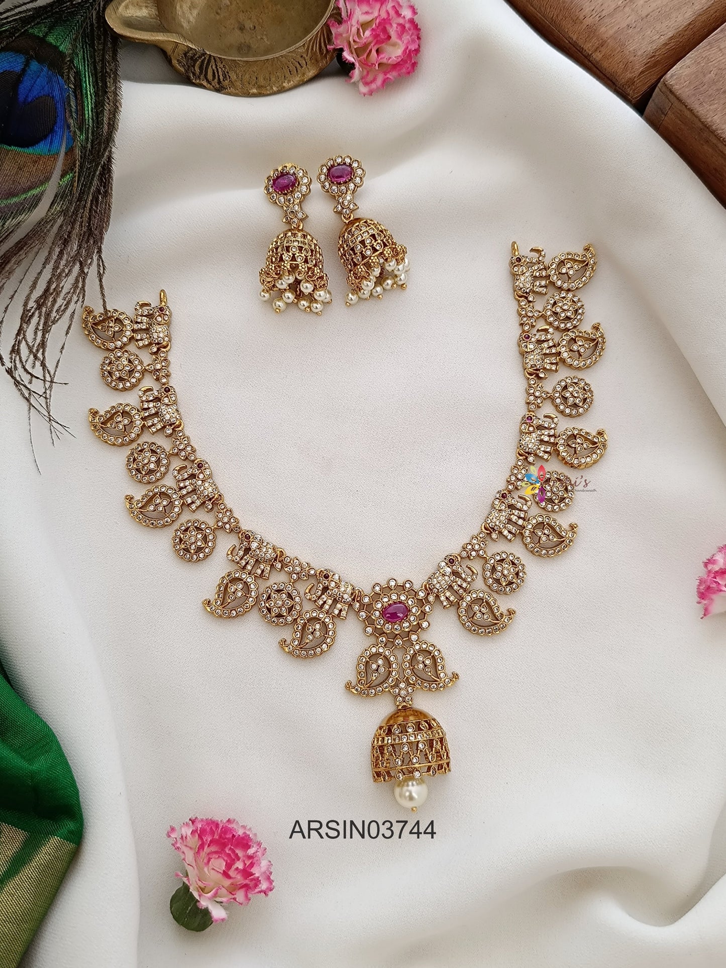 AD and Ruby Stone Mango and Elephant Necklace