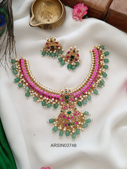 Jadau Squares Green Bead Drop Necklace