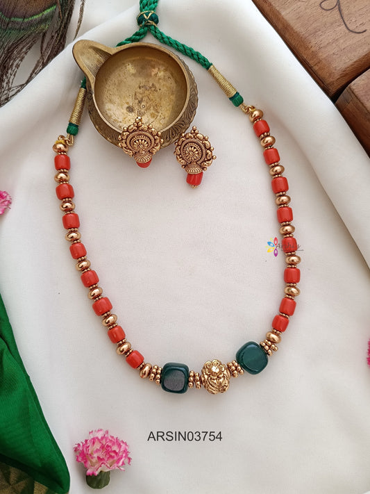 Coral and Green Bead Necklace