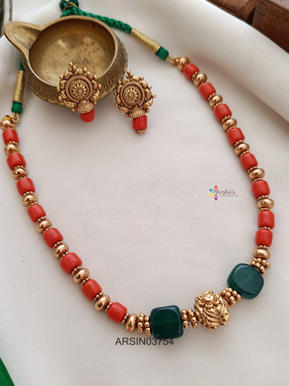 Coral and Green Bead Necklace