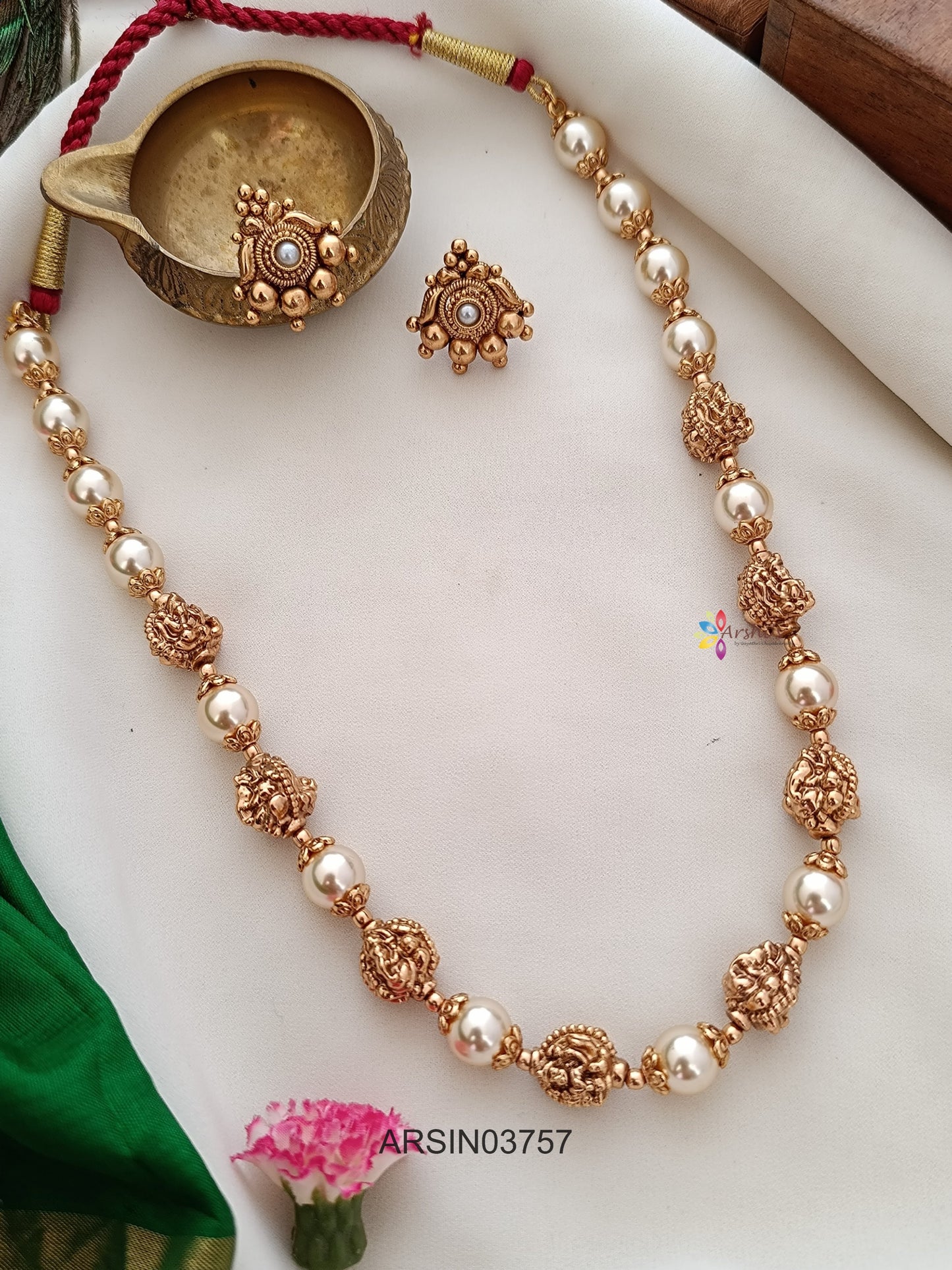 Antique Gold Ball and Pearl Necklace