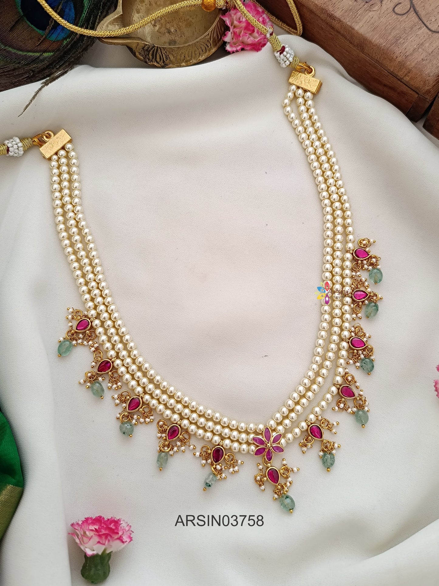Three Layer Pearl Jadau Kundan Necklace