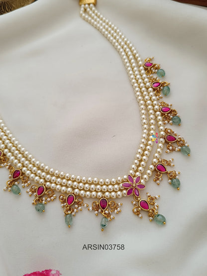 Three Layer Pearl Jadau Kundan Necklace