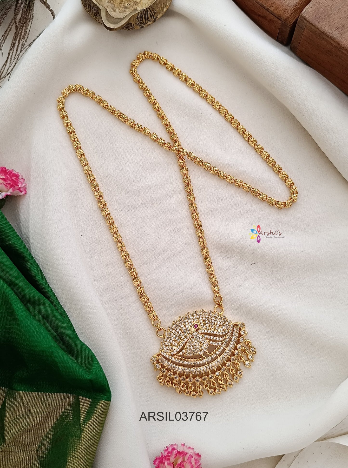 Peacock White Stone Pendant Long Haram