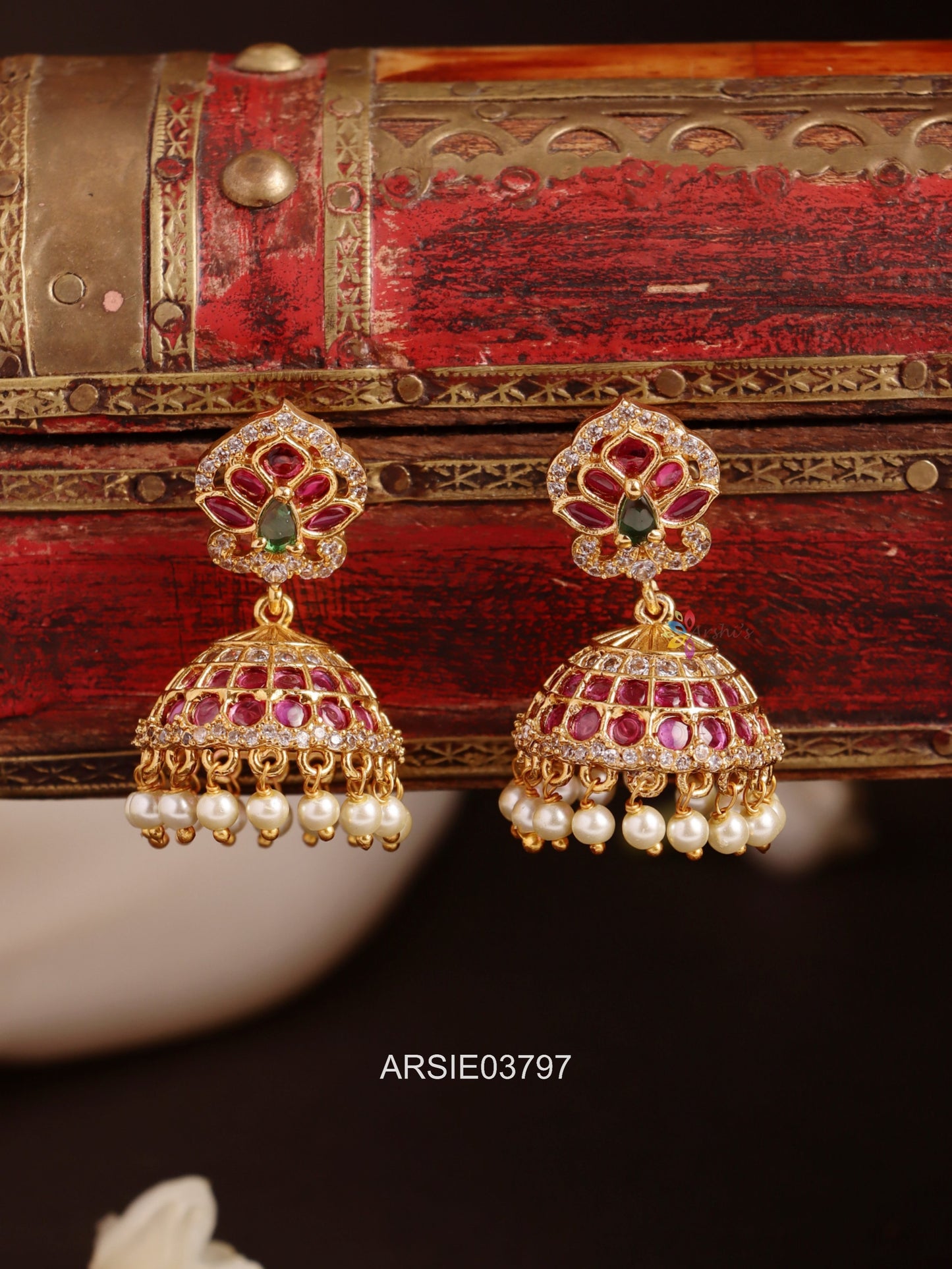 Kemp and White Stone Pearl Drop Jhumka