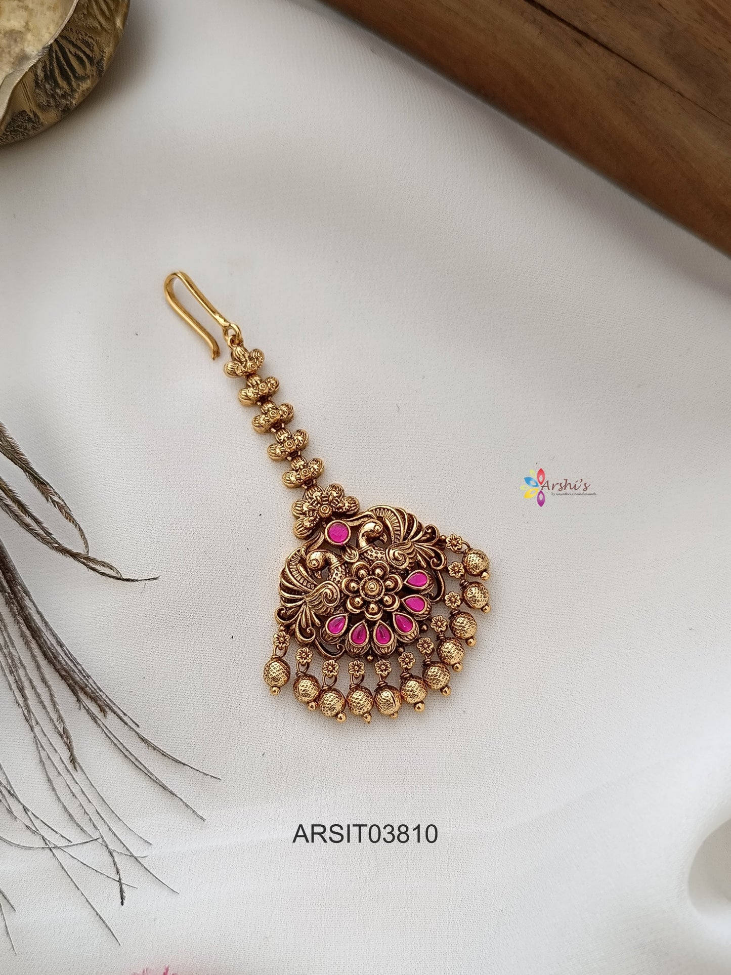 Antique Peacock Jadau Gold Drop Maang Tikka