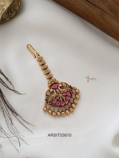 Antique Peacock Jadau Gold Drop Maang Tikka