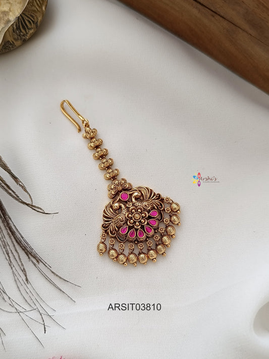 Antique Peacock Jadau Gold Drop Maang Tikka