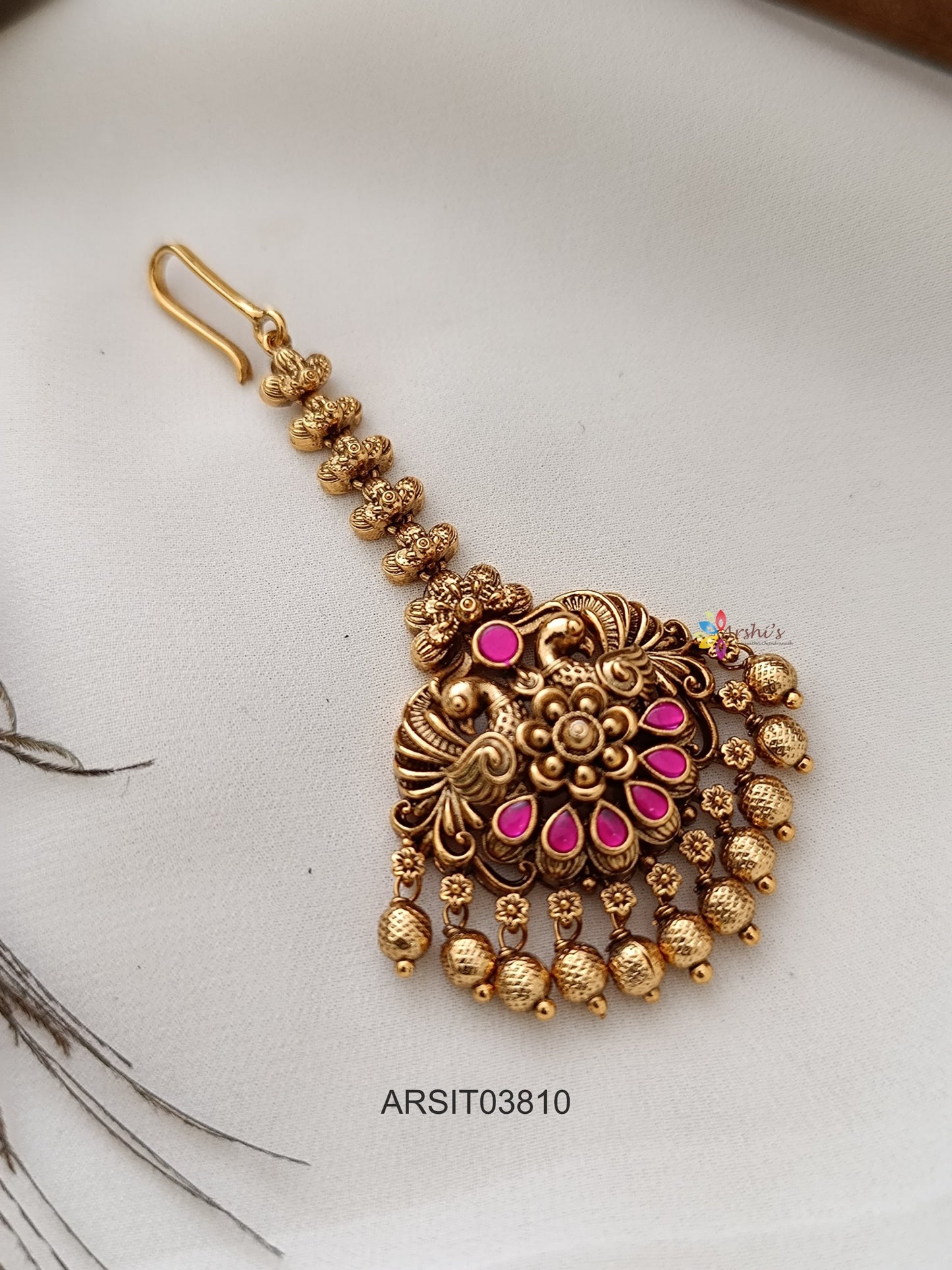 Antique Peacock Jadau Gold Drop Maang Tikka