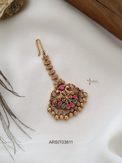 Antique Peacock Jadau Gold Drop Maang Tikka