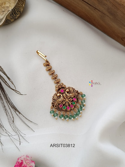 Antique Peacock Jadau Green Drop Maang Tikka