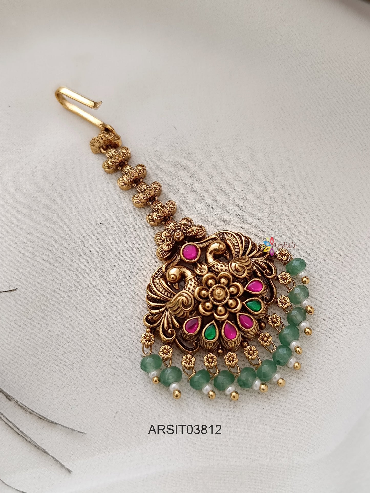 Antique Peacock Jadau Green Drop Maang Tikka