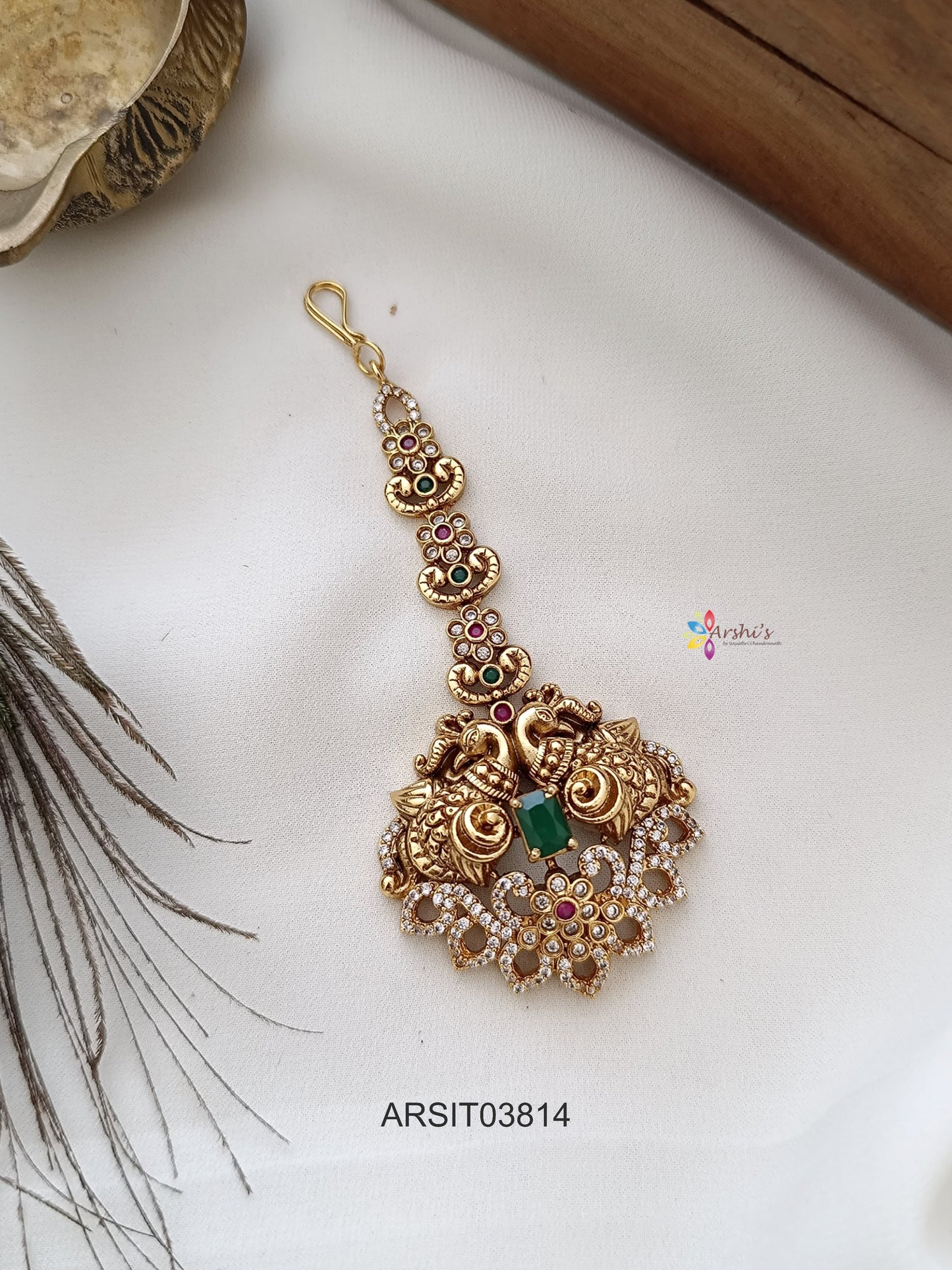 Dual Peacock White Stone Maang Tikka