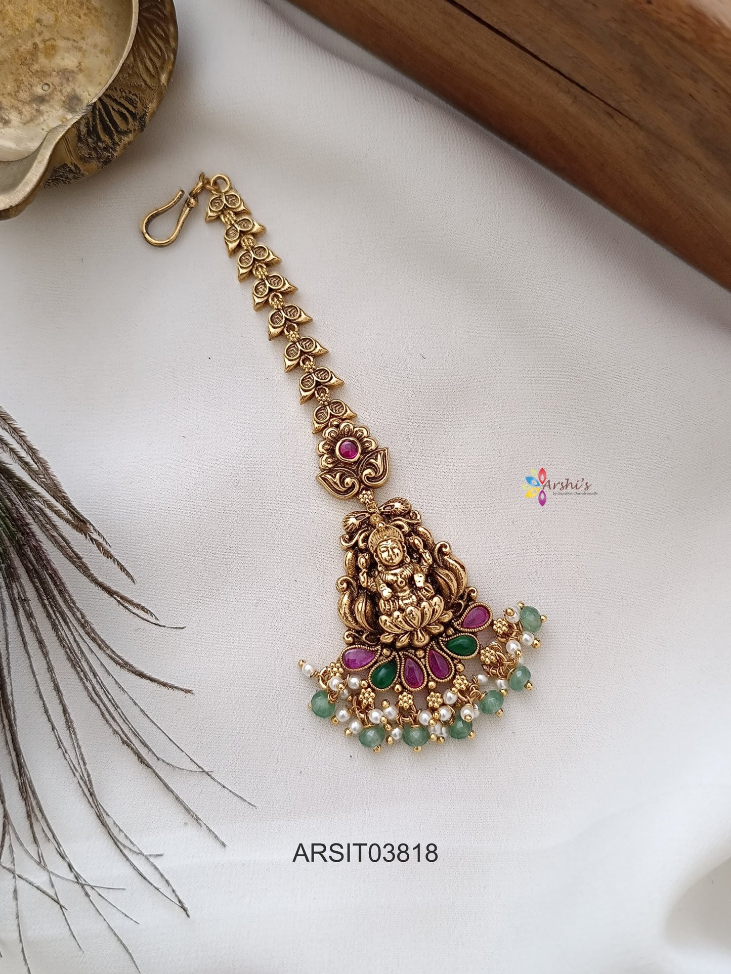Antique Lakshmi Kemp and Green Stone Maang Tikka