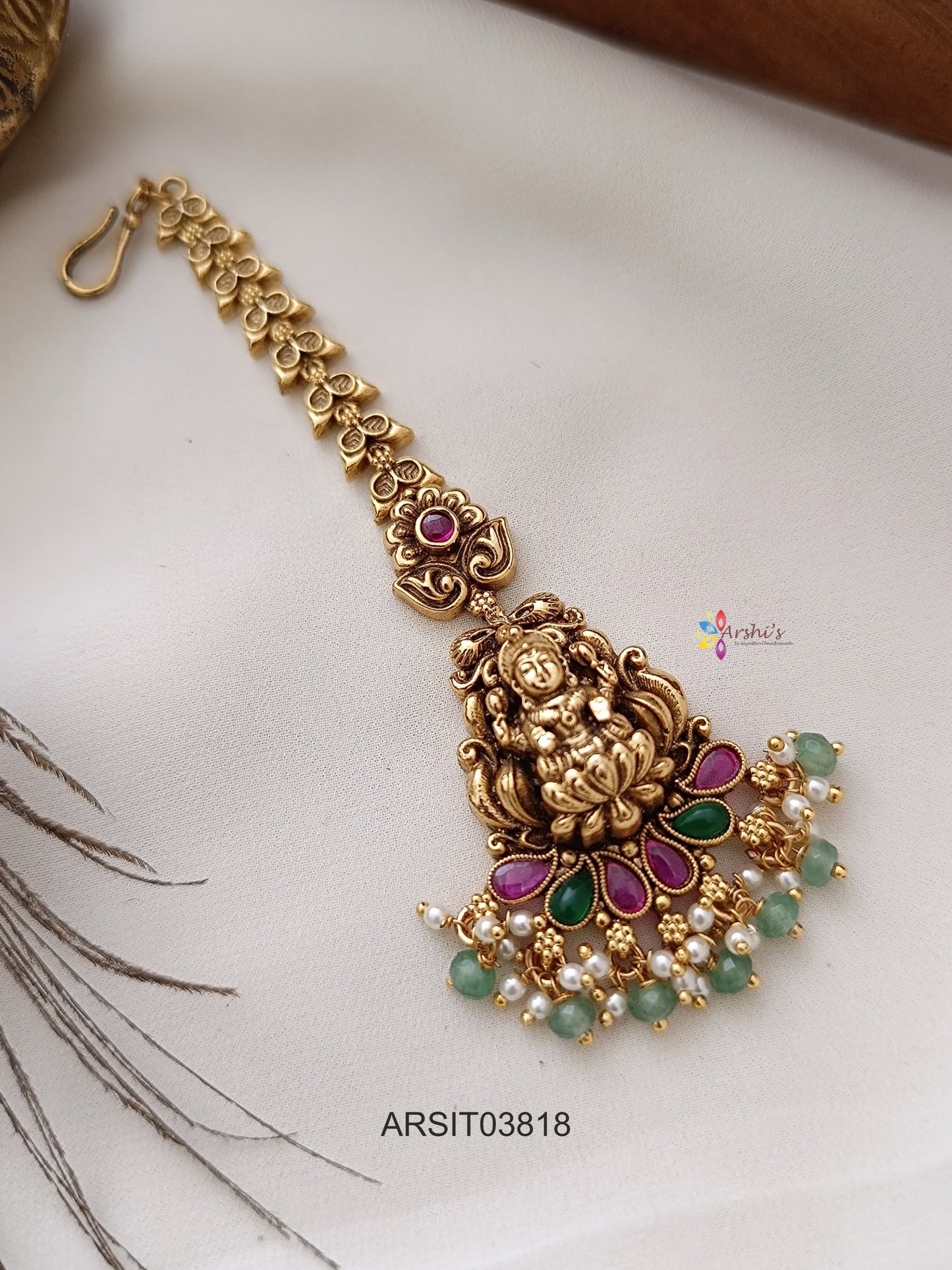 Antique Lakshmi Kemp and Green Stone Maang Tikka