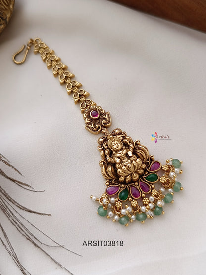 Antique Lakshmi Kemp and Green Stone Maang Tikka