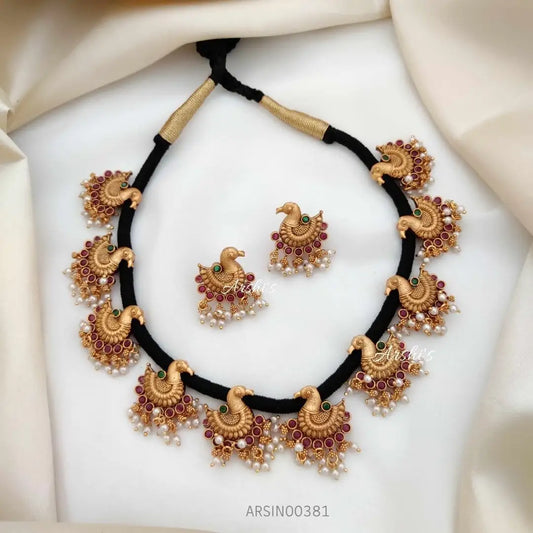 Black Threaded Peacock Design Necklace