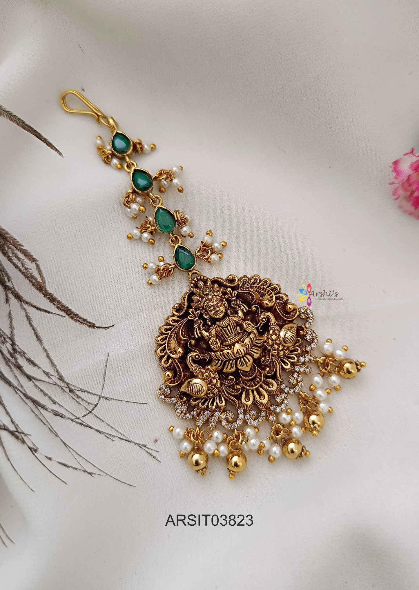 Antique Lakshmi Green Stone Maang Tikka