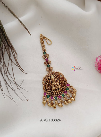 Lakshmi Kemp and Green Stone Gold Drops Maang Tikka