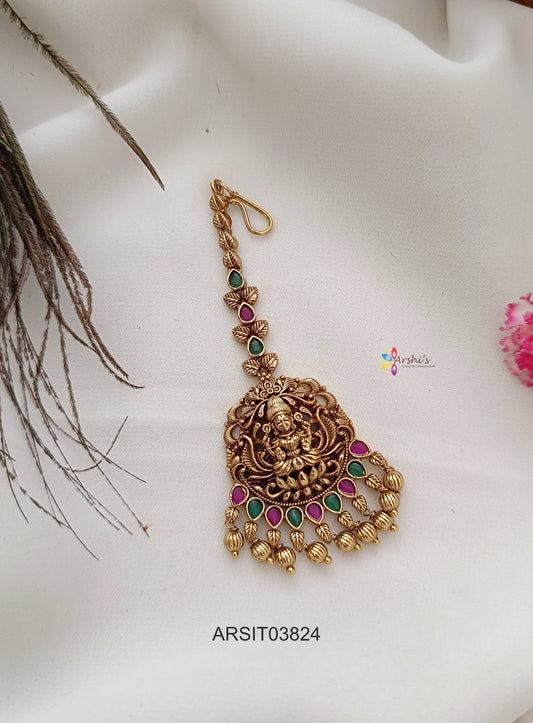 Lakshmi Kemp and Green Stone Gold Drops Maang Tikka