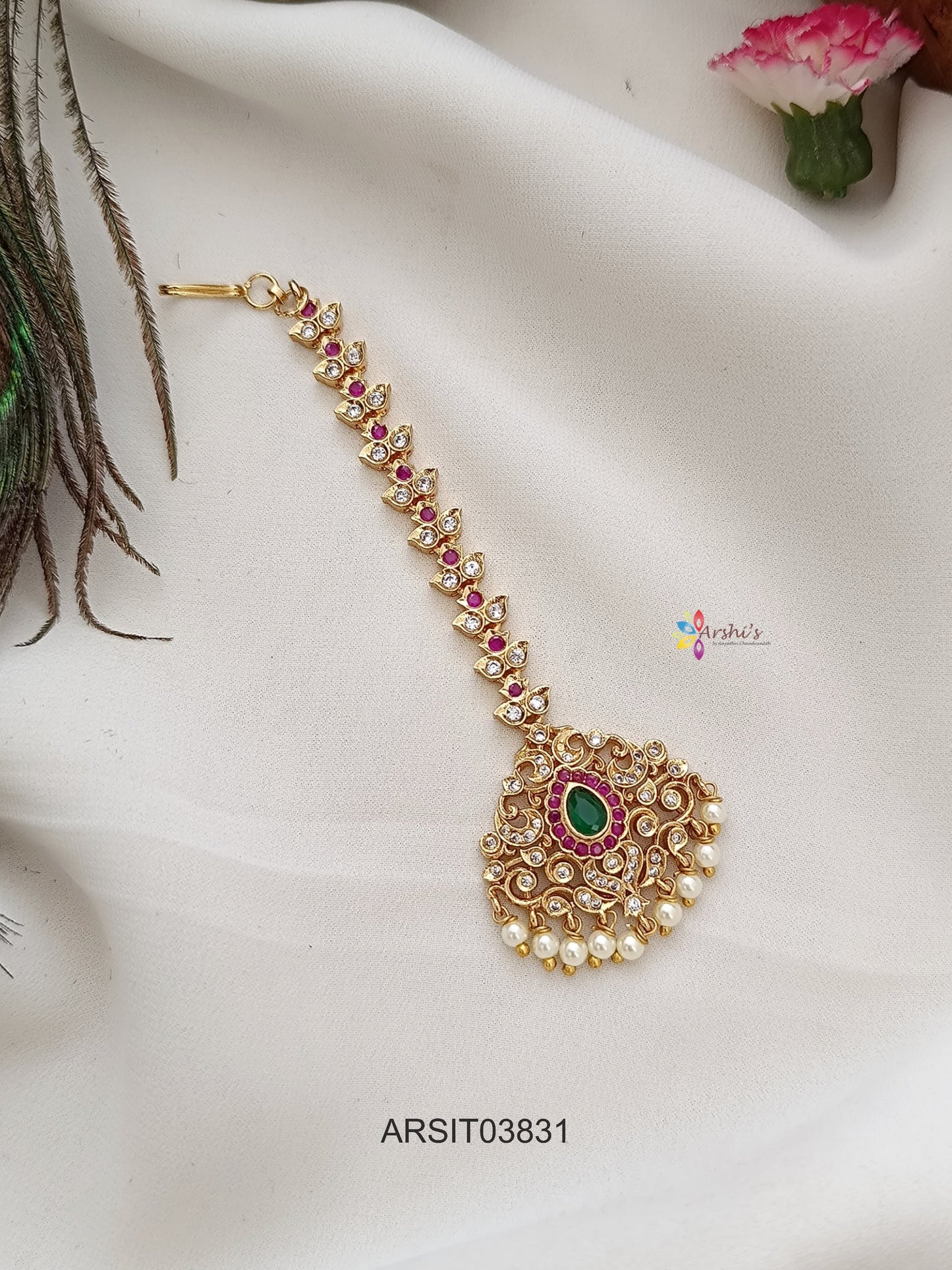 White Stone Pearl Drops Maang Tikka