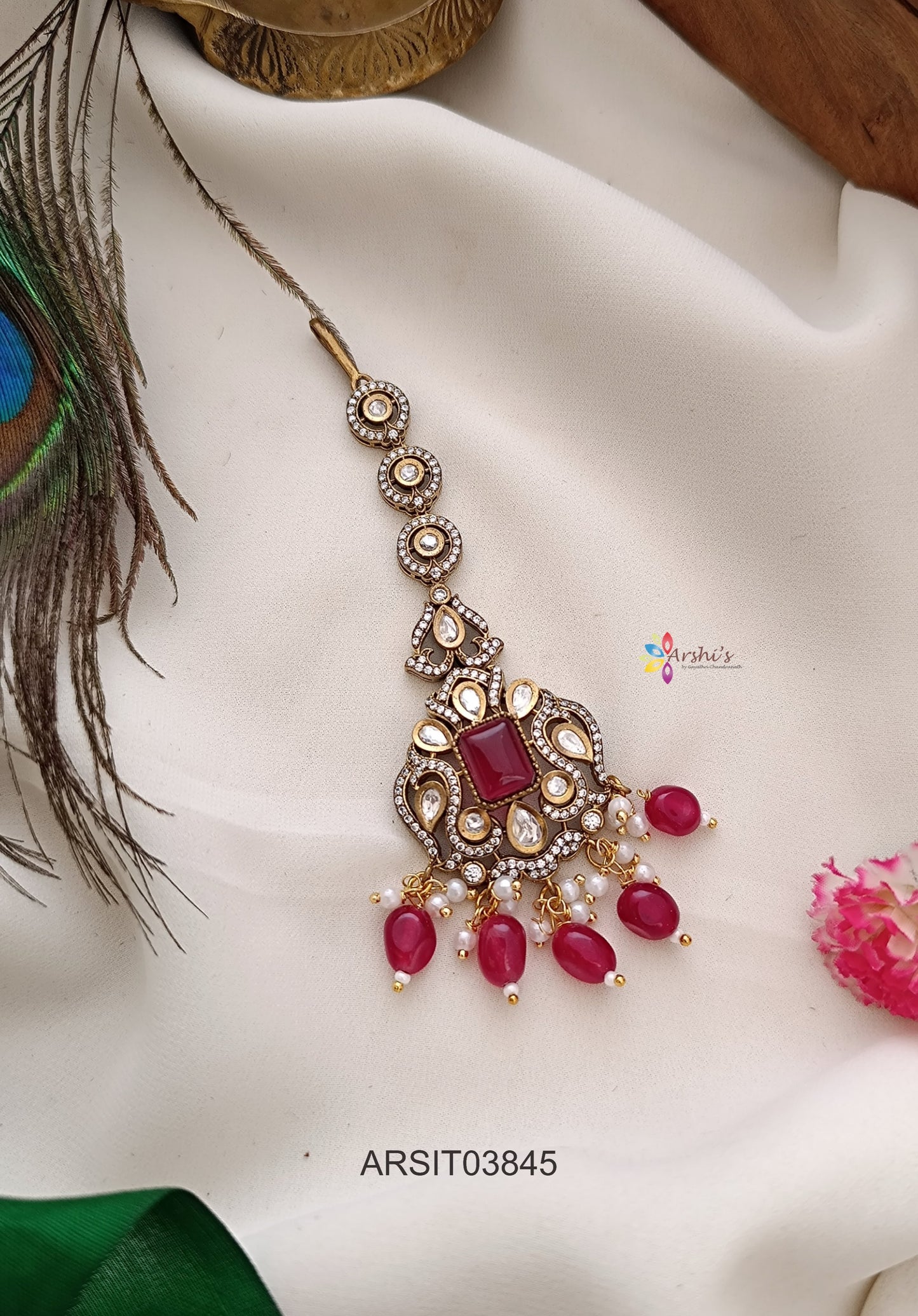 Victorian Red Bead Drops Maang Tikka