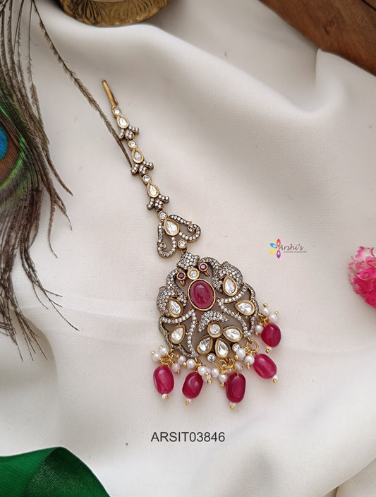 Victorian Peacock Red Bead Drops Maang Tikka