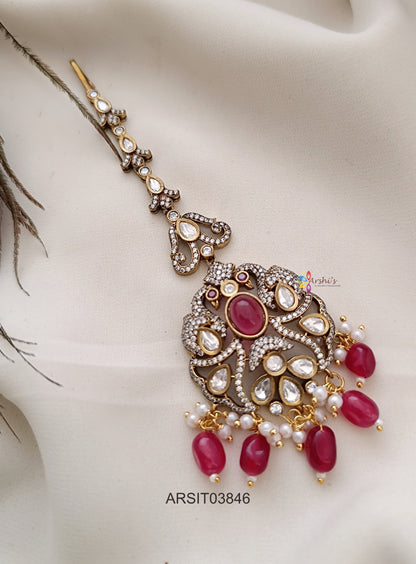 Victorian Peacock Red Bead Drops Maang Tikka
