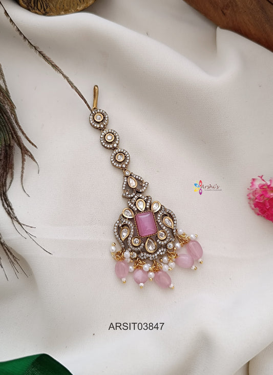 Victorian Pale Pink Bead Drops Maang Tikka