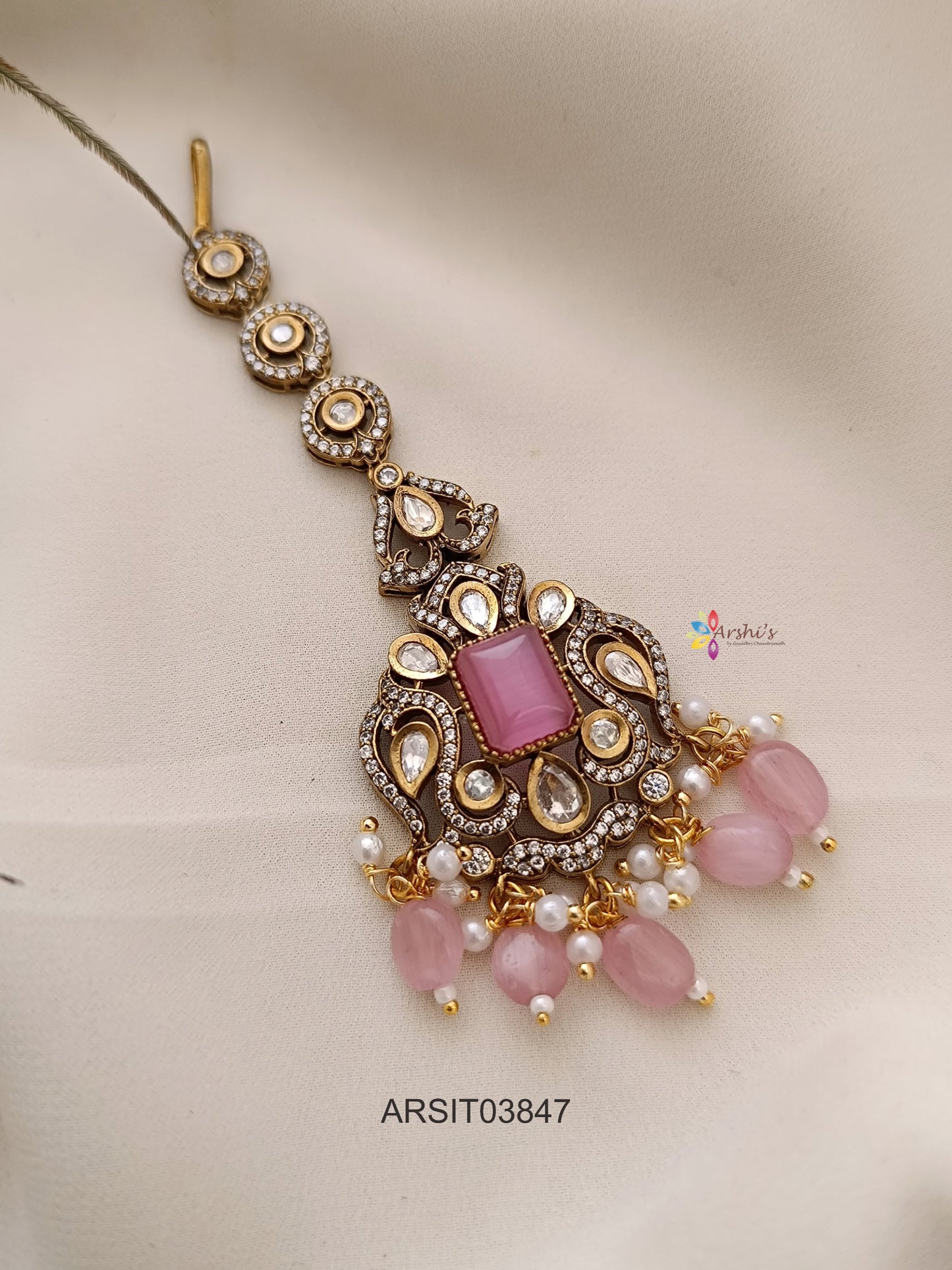 Victorian Pale Pink Bead Drops Maang Tikka