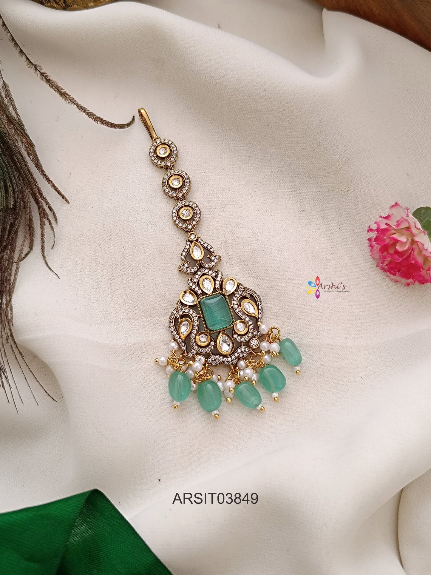Victorian Pale Green Bead Drops Maang Tikka