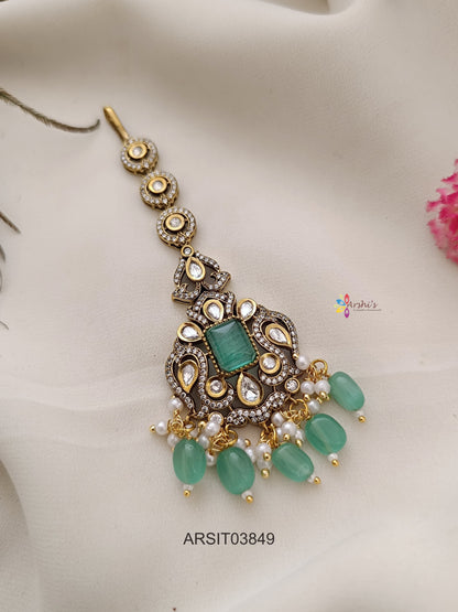 Victorian Pale Green Bead Drops Maang Tikka