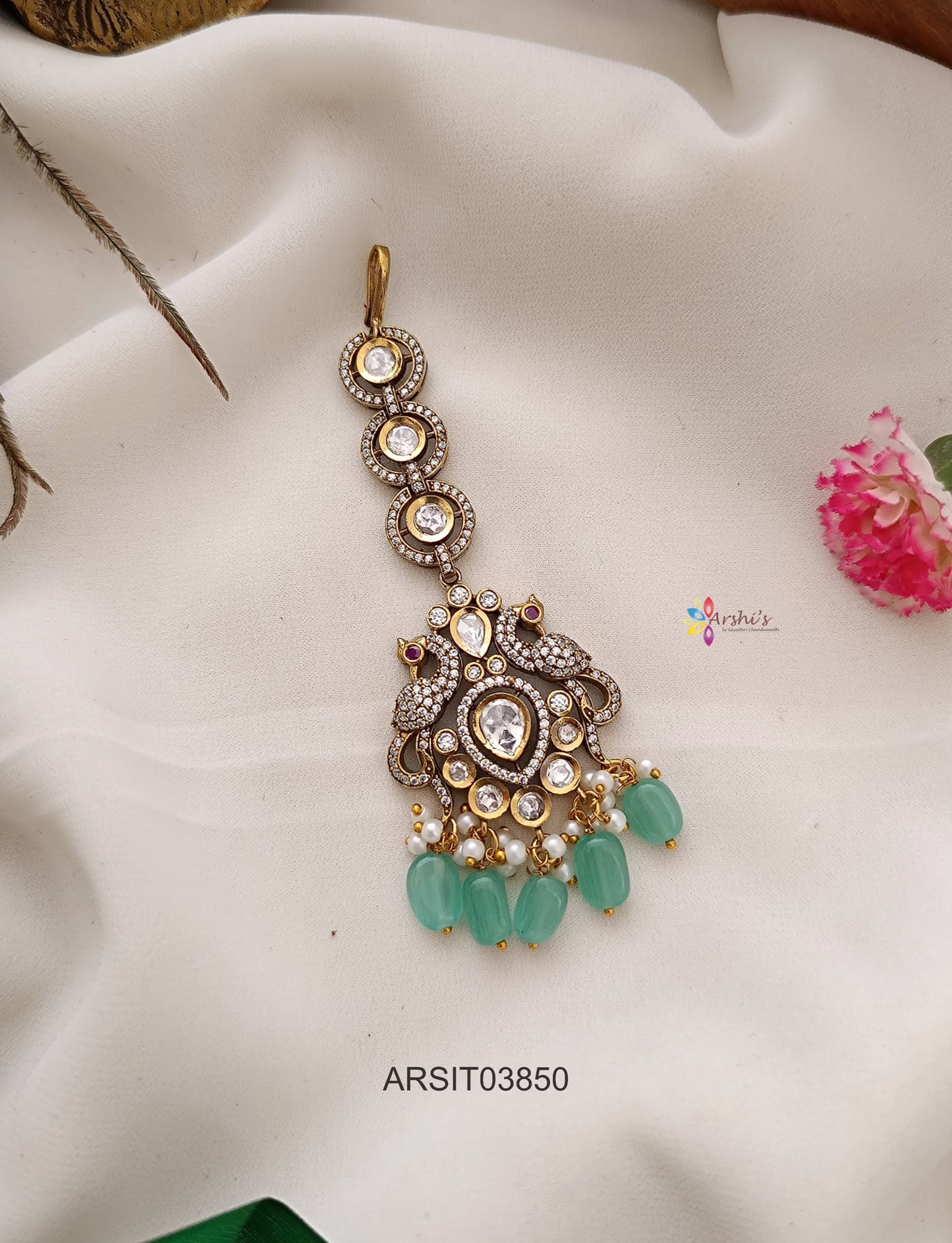 Victorian Peacock Pale Green Bead Drops Maang Tikka