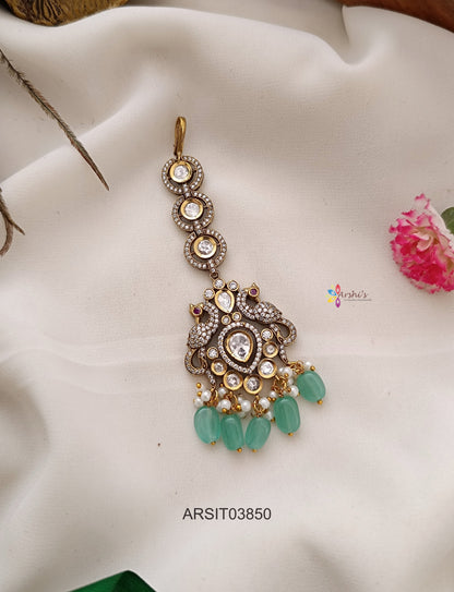 Victorian Peacock Pale Green Bead Drops Maang Tikka