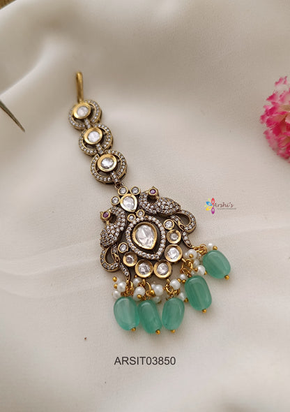Victorian Peacock Pale Green Bead Drops Maang Tikka