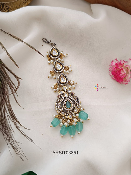 Victorian and Polki Pale Green Bead Drops Maang Tikka