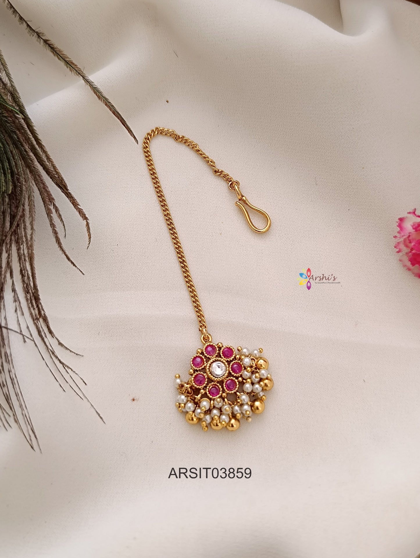 Red Stone Pendant with Chain Maang tikka