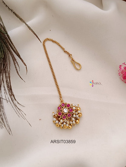 Red Stone Pendant with Chain Maang tikka