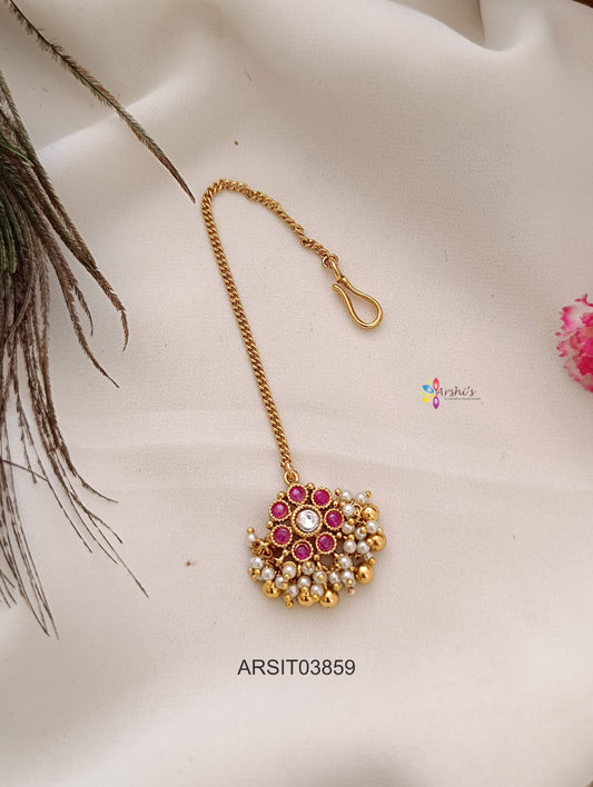 Red Stone Pendant with Chain Maang tikka
